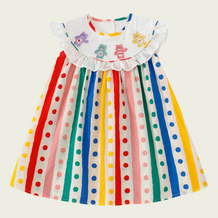公主裙 无袖 女童小熊刺绣短袖 连衣裙宝宝彩虹条纹波点裙子儿童夏装