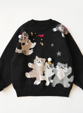 男童黑色毛衣3岁女宝宝套头毛线衫4中小童秋冬装5婴幼儿针织衫6猫