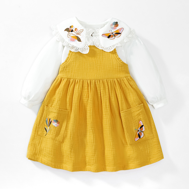 女童吊带连衣裙宝宝纯棉白色长袖衬衫两件套儿童春秋装背带裙套装