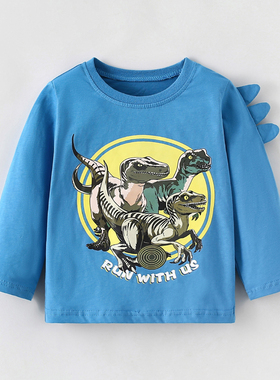 男童蓝色恐龙T恤长袖宝宝纯棉上衣儿童秋装婴幼儿打底衫体恤欧美6