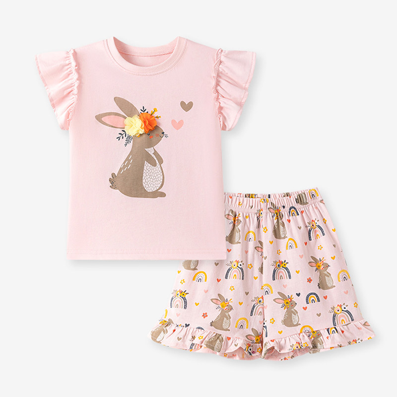 女童纯棉短袖短裤套装宝宝夏季小兔子卡通T恤上衣碎花灯笼裤2件套