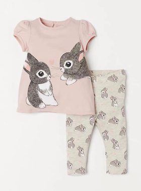 女童粉红兔子短袖T恤打底裤套装夏季宝宝纯棉上衣长裤两件套休闲