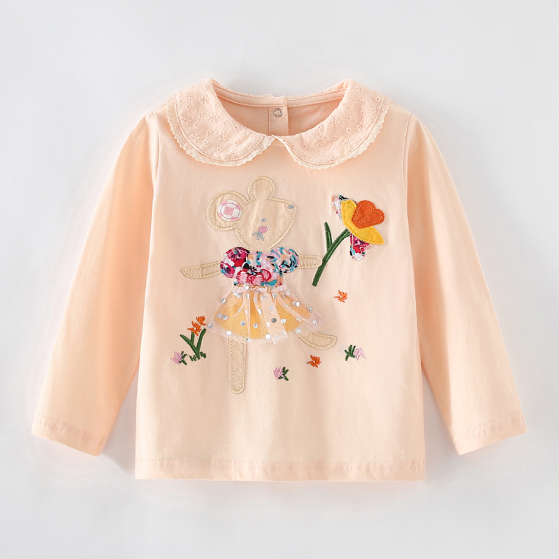 女童翻领长袖娃娃衫蕾丝纯棉T恤