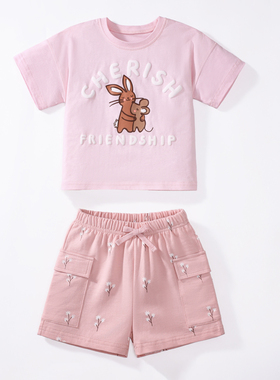 女童粉红色兔子短袖T恤休闲工装短裤两件套儿童夏季套装宝宝纯棉T