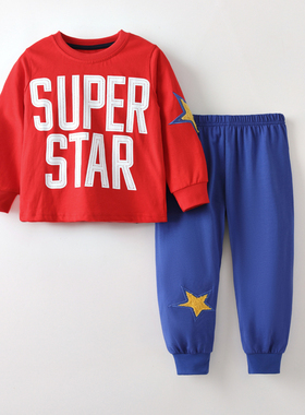 男童大红色长袖T恤蓝裤子两件套宝宝家居服套装儿童运动外穿睡衣2
