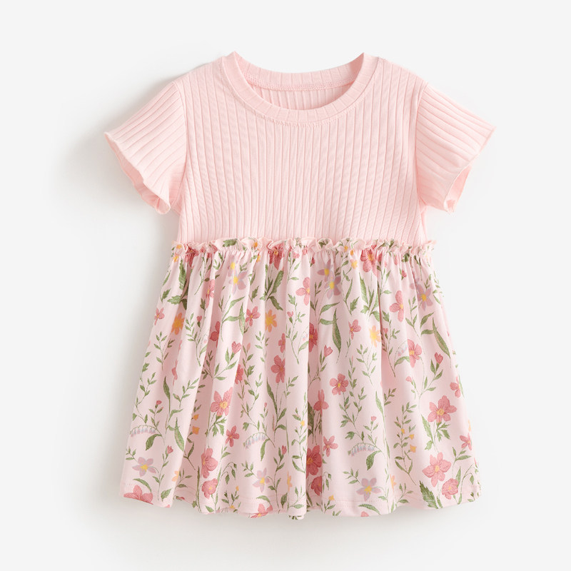 女童碎花拼接连衣裙宝宝夏季短袖蛋糕裙儿童中长裙公主风棉质裙子