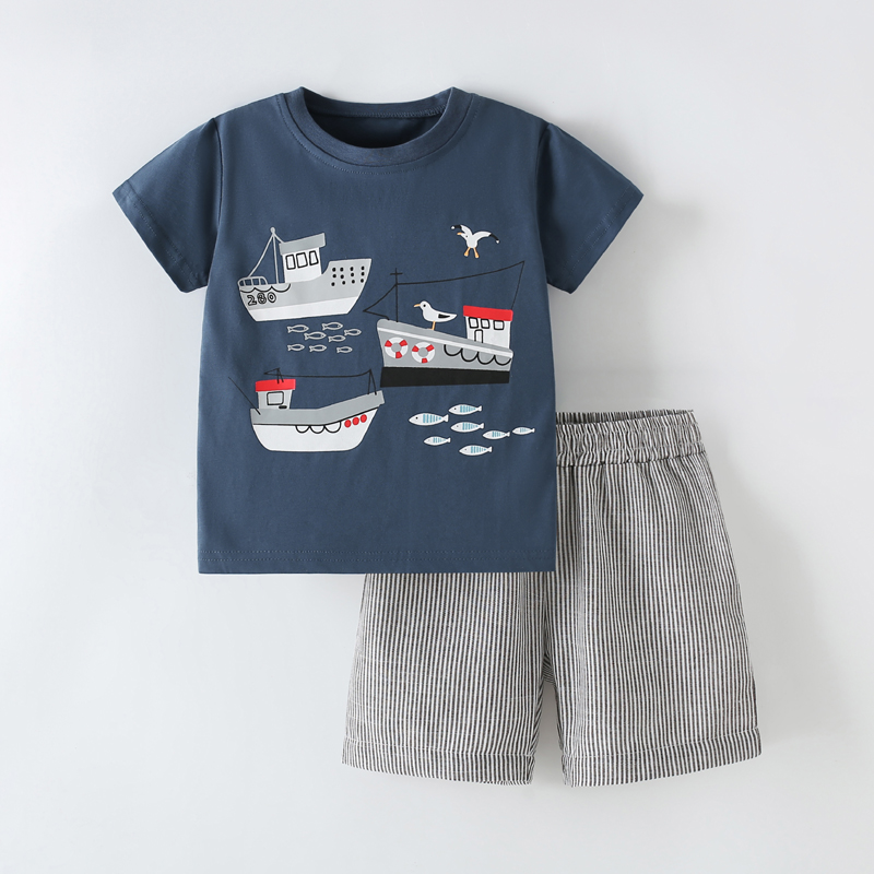 男童帆船短袖T恤细条纹短裤子