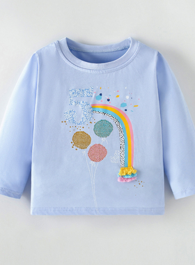 女童蓝色长袖T恤宝宝纯棉体恤衫儿童春秋装中小童打底衫彩虹上衣3