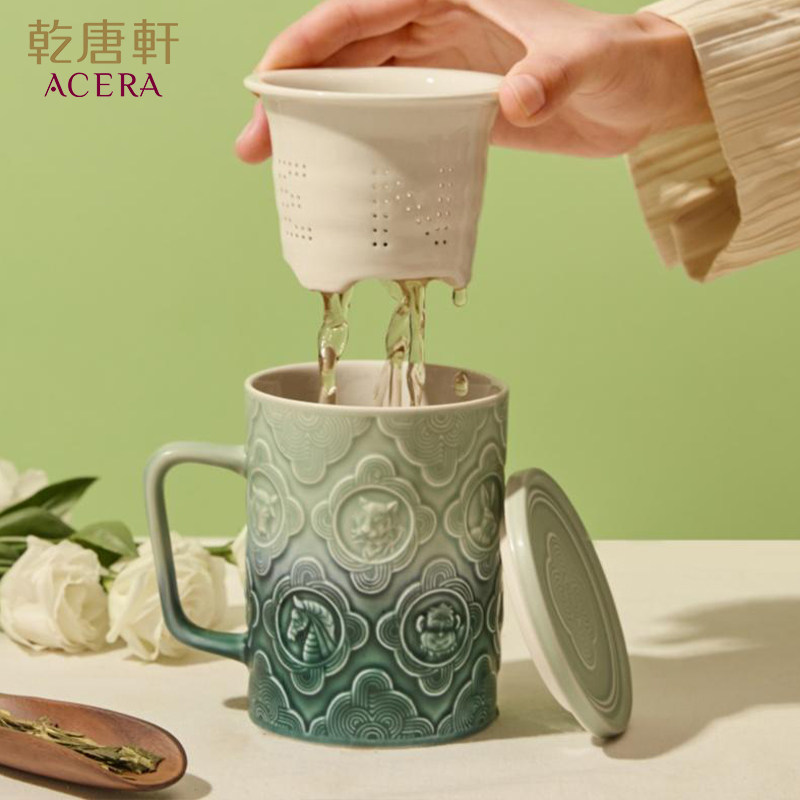 【马年礼物】乾唐轩生肖三件套活瓷杯新款水杯陶瓷杯办公茶杯带盖