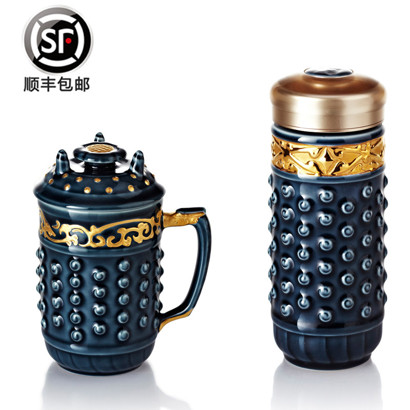 乾唐轩活瓷杯宝石蓝釉鎏金礼盒大乾坤随身杯高杯送长辈现货
