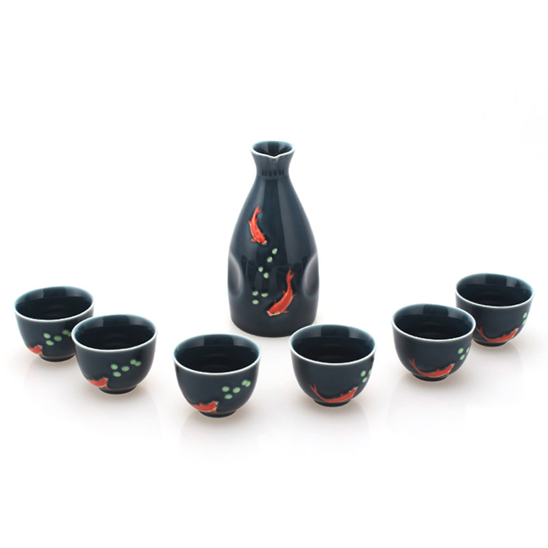 乾唐轩活瓷杯双鱼酒具宝石蓝彩绘