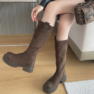 断码秋冬加绒高筒骑士靴女新款绒面长靴保暖弹力瘦瘦靴增高长筒靴