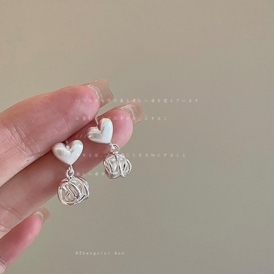 缕空编织金属拉丝爱心耳钉女小众设计感爆款时尚气质百搭耳环耳饰