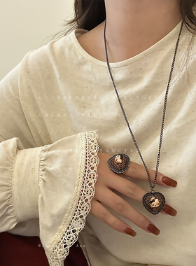 甜酷风复古做旧豹纹爱心猫咪项链戒指女辣妹个性百搭颈链毛衣链