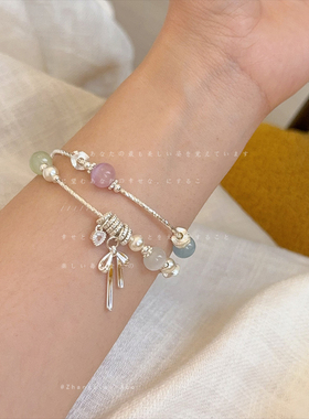 多巴胺猫眼石蝴蝶结长款叠戴手链女ins独特气质清新百搭手环手饰