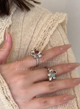 复古轻奢天然石花蕊花朵金属戒指女小众高级感个性时尚指环戒子