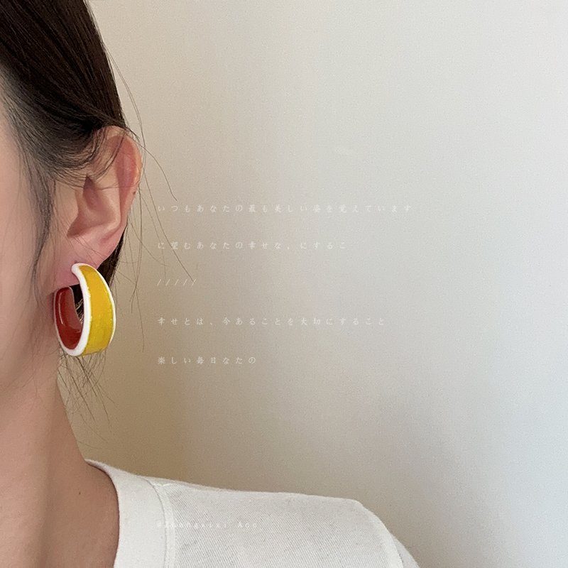 糖果色撞色滴油C圈耳钉女小众设计感清新时尚潮流气质耳环耳饰