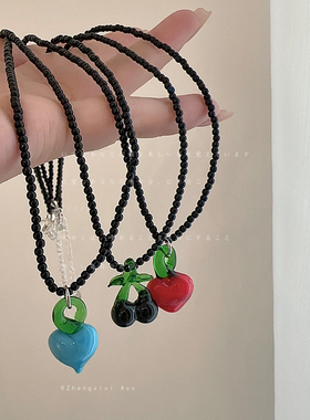 韩国feve博主同款琉璃樱桃爱心项链女小众个性时尚潮流颈链锁骨链