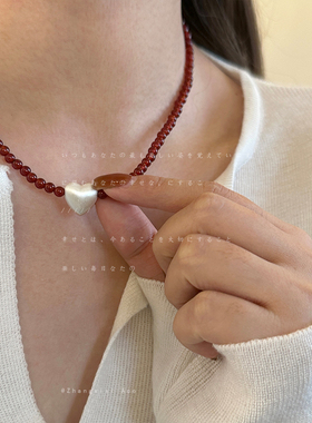 拉丝爱心红玛瑙串珠项链女轻奢高级感时尚气质潮流百搭颈链毛衣链