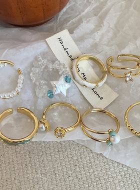 小清新蓝色滴油开口戒指集合女小众温柔时尚个性气质百搭指环戒子