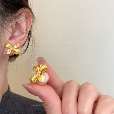 高级感金色蝴蝶结珍珠耳钉女前后戴个性独特轻奢复古百搭耳环耳饰
