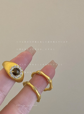金色质感竹节微镶锆石开口戒指女轻奢优雅时尚个性百搭指环戒子