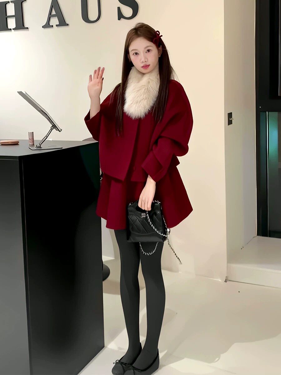 【只卖真毛家】羊毛红色双面羊毛大衣套装女秋冬新款圣诞新年战袍