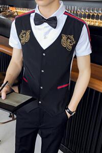 714-H665P55/店主风2025夏季假两件短袖衬衫潮修身马甲制服衬衣图片