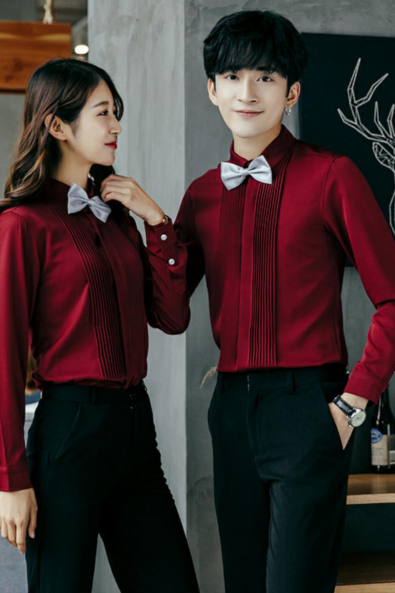 Y207/情侣装2026春季长袖衬衫酒红色发型师衬衣工作服班服P45,男装衬衫,星座714(原C313)