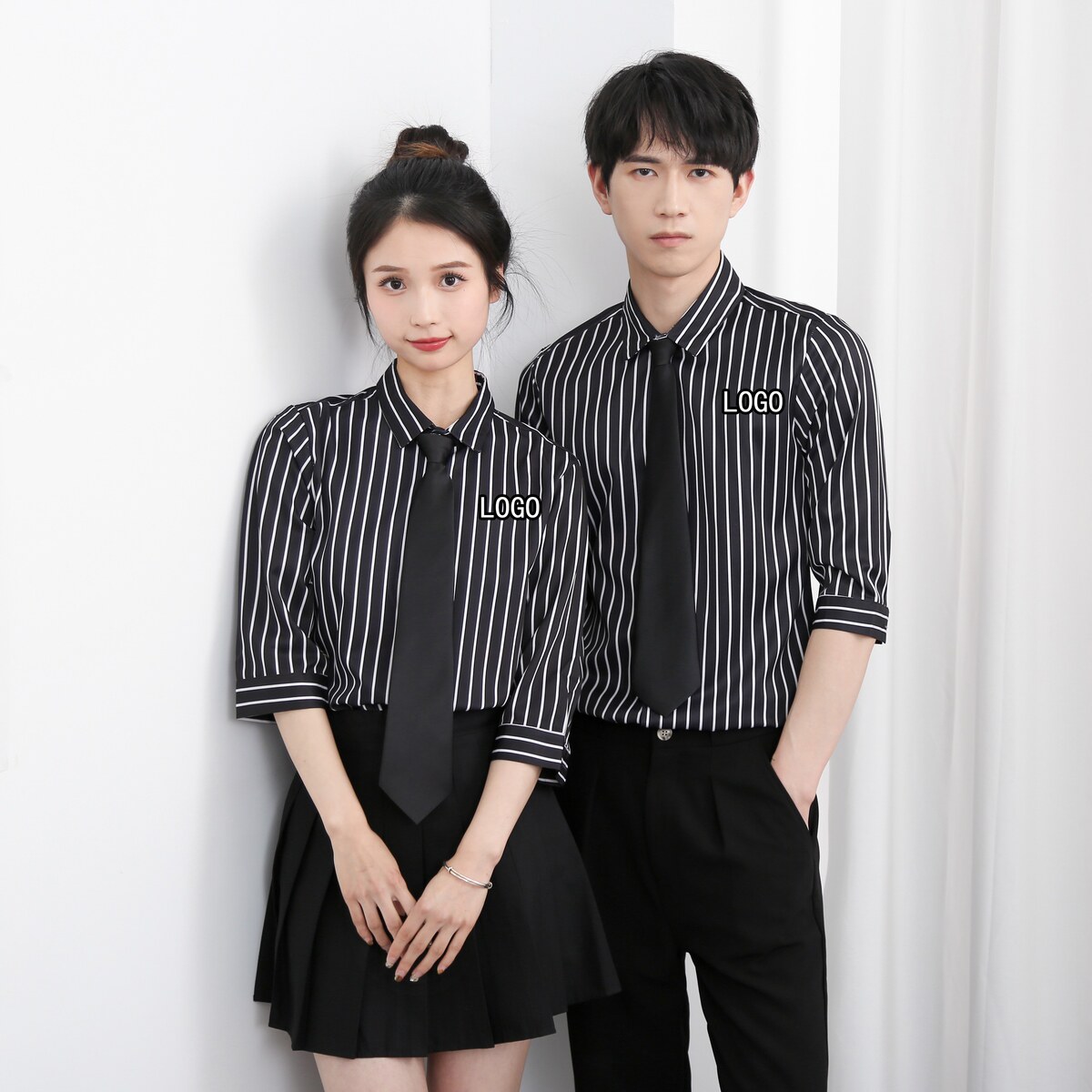 714-5002P45控69/2025夏季五分袖衬衫餐厅奶茶店工作服条纹衬衣图片