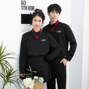 714-D3048P45控69/2025新款假两件拼色工作服衬衫餐厅奶茶店制服图片