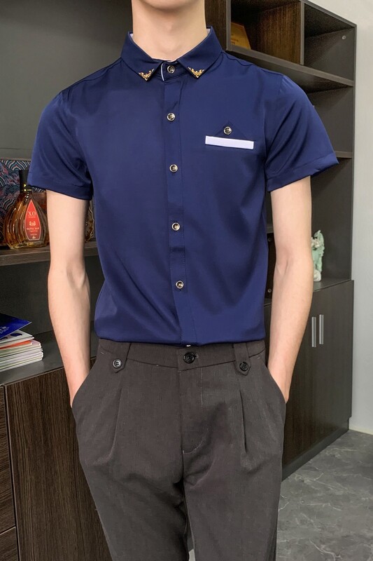 714-9215P30控49/2025夏季理发店KTV酒吧短袖衬衫工作服藏青衬衣,男装T恤,星座714(原C313)