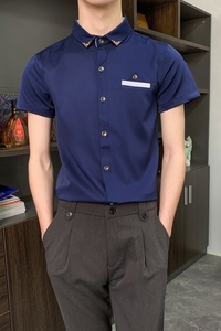 714-9215P30控49/2025夏季理发店KTV酒吧短袖衬衫工作服藏青衬衣图片