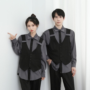 714-H3020P55控79/2025春季宽松马甲假两件工作服衬衫韩系制服图片