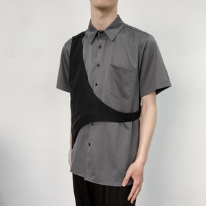 714-H3013P55控69/2025夏季日系发型师衬衫宽松假两件工作服潮男图片