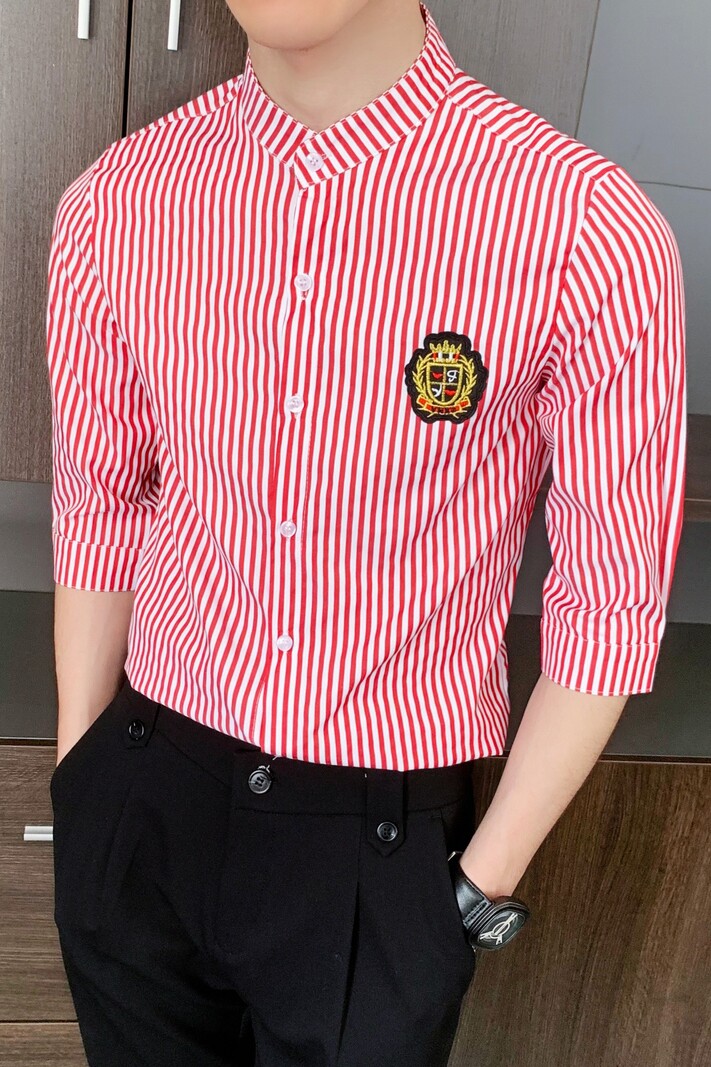 714-9258P45控65/2026夏季男女同款条纹立领工作服衬衫修身制服,男装衬衫,星座714(原C313)
