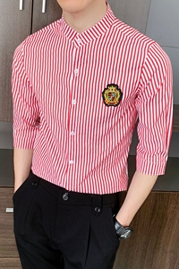 714-9258P45控65/2026夏季男女同款条纹立领工作服衬衫修身制服图片