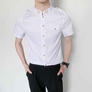 714-D607P45控65/2025夏季男士空少衬衫立领工作服衬衣ktv夜店服,咖色豹纹衬衣怎么搭配夏天图片