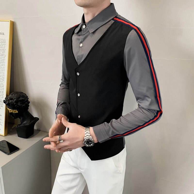 714-H677P55/店主风男士假两件衬衫撞色工作服衬衣修身装S-5XL,男装衬衫,星座714(原C313)