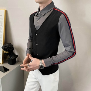 714-H677P55/店主风男士假两件衬衫工作服衬衣修身发型师服S-5XL图片
