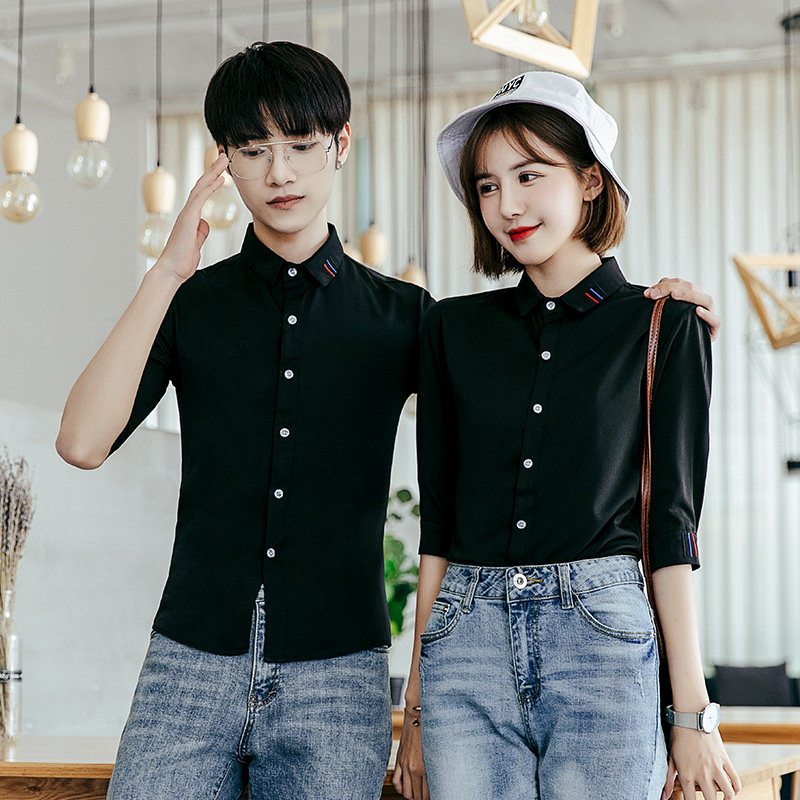 Y329/2025韩版情侣装衬衫七分袖中袖衬衣三色刺绣工作服白色装P40，男装衬衫，星座714(原C313)