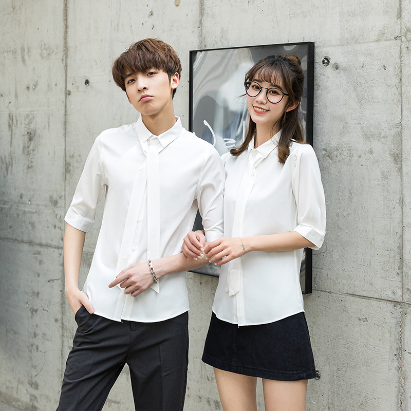 714-D58P45/2025情侣装夏季中袖五分衬衫休闲纯色衬衣制服S-5XL，男装衬衫，星座714(原C313)