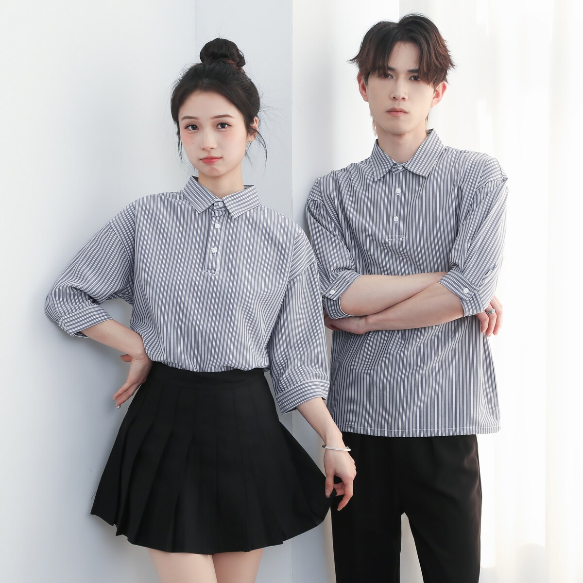 714-H265P55控79/2025夏季男女同款条纹工作服衬衫套头奶茶店制服,男装衬衫,星座714(原C313)