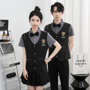 714-H669P55控79/2025新款夏装男女假两件ktv台球城流制服工作服,留英工作穿搭推荐图片