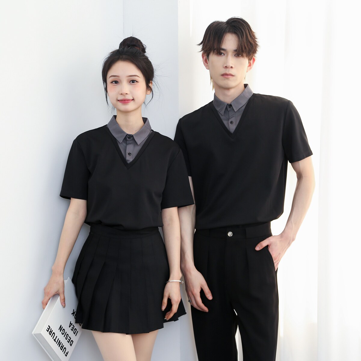 714-D3080P45控69/2025夏季修身工作服衬衫假两件餐厅理发店制服,男装衬衫,星座714(原C313)