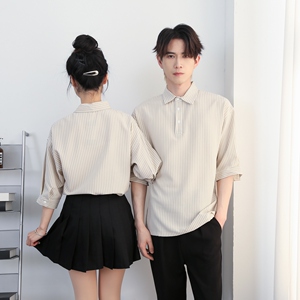 714-H265P55控79/2025夏季男女同款条纹工作服衬衫套头奶茶店制服图片