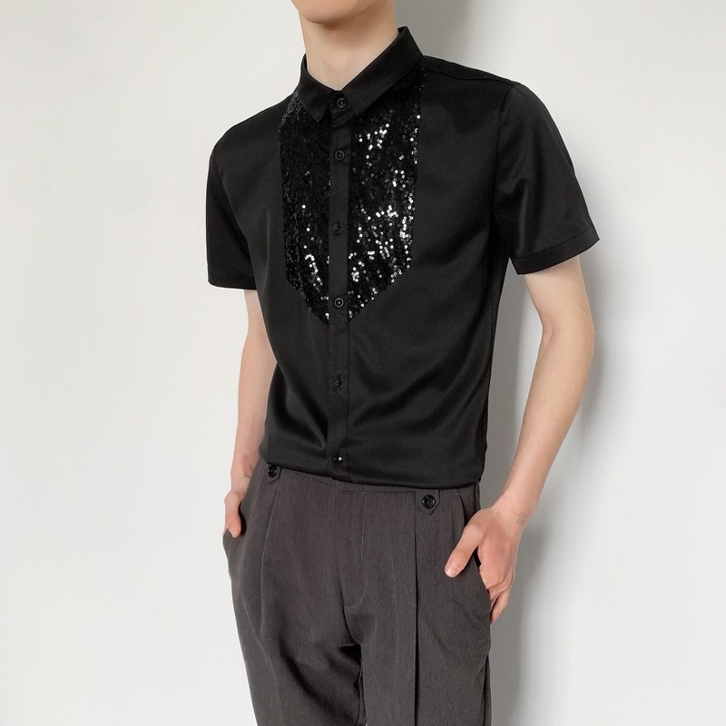 714-D3014P45控59/2025夏季短袖发型师衬衫修身工作服迎宾舞蹈服图片