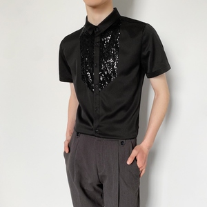 714-D3014P45控59/2025夏季短袖发型师衬衫修身工作服迎宾舞蹈服图片