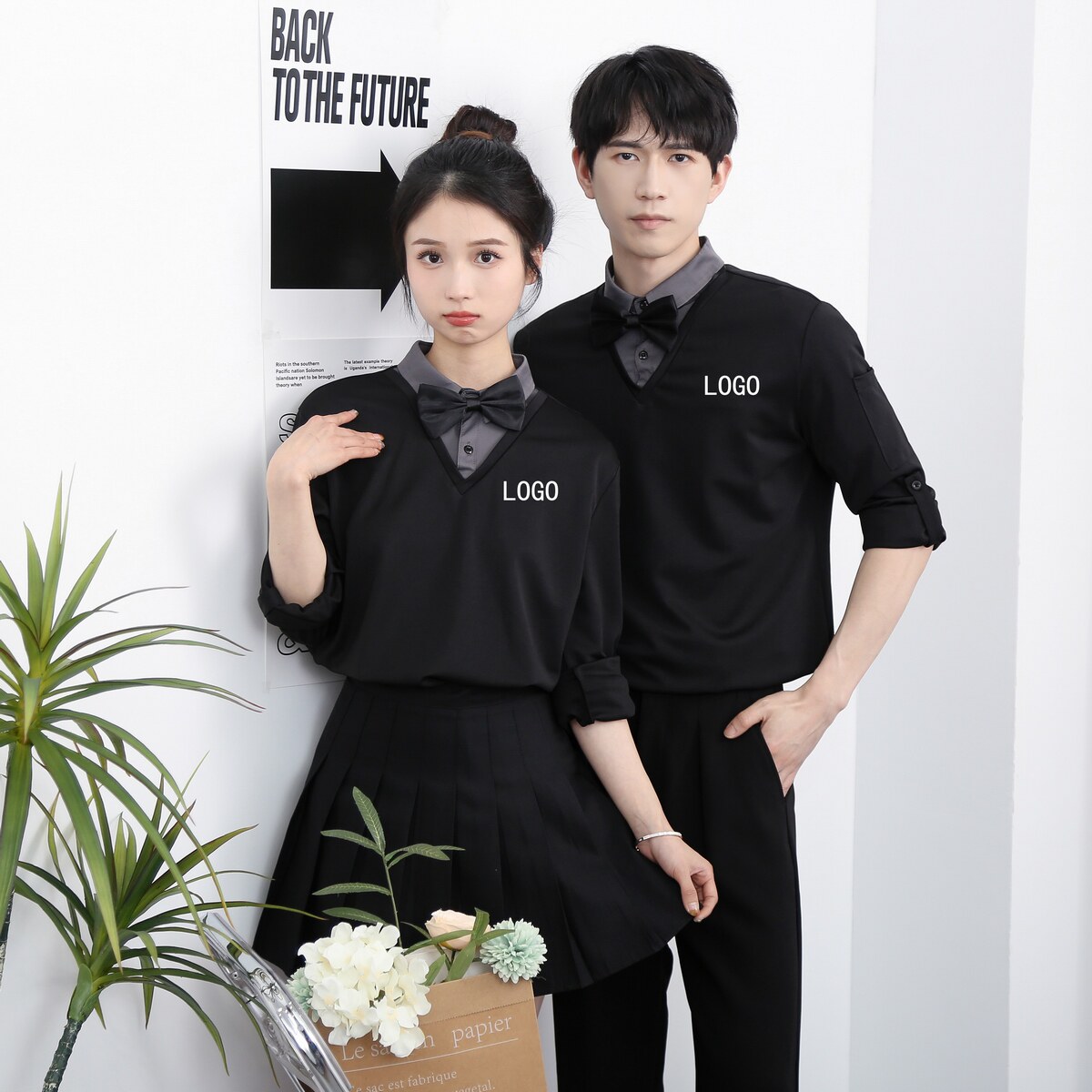 714-D3048P45控69/2025新款男女工作服假两件制服ktv酒吧餐厅制服图片