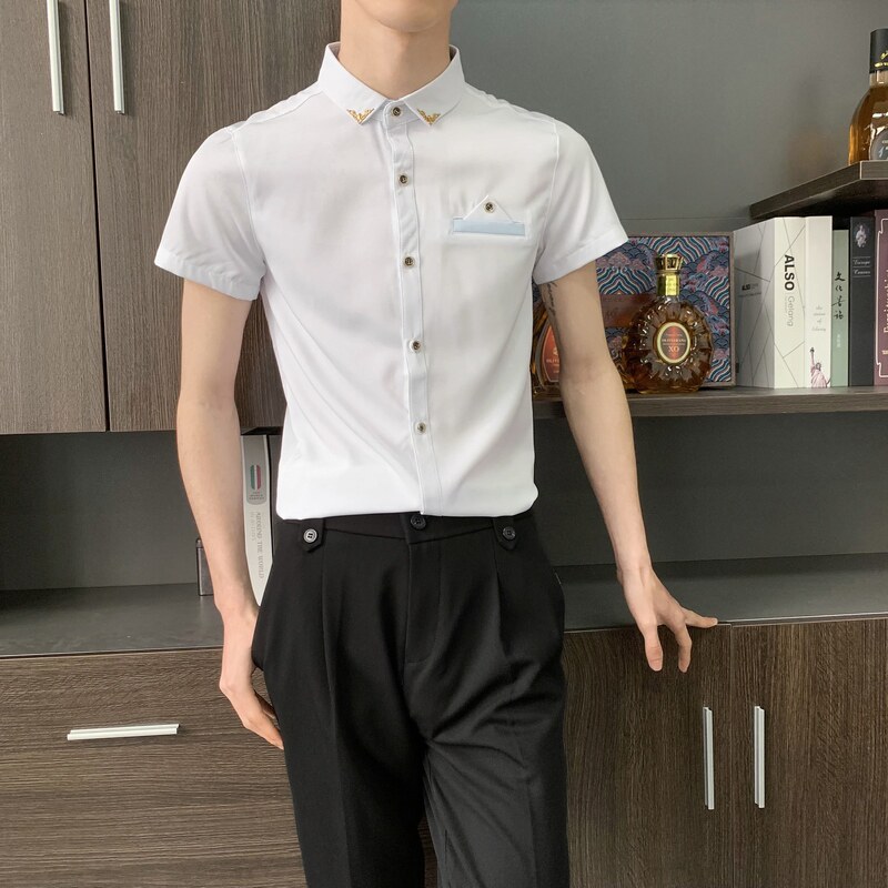 714-9215P30控49/2025夏季理发店KTV酒吧短袖衬衫工作服藏青衬衣,男装T恤,星座714(原C313)
